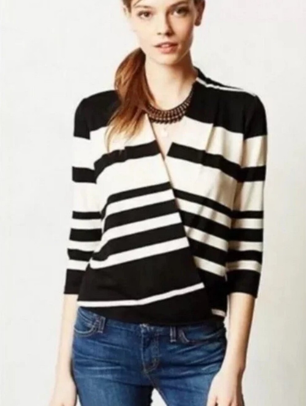 Anthropologie × Deletta Chamonix Surplice Knit Top Black Ivory White Striped MD